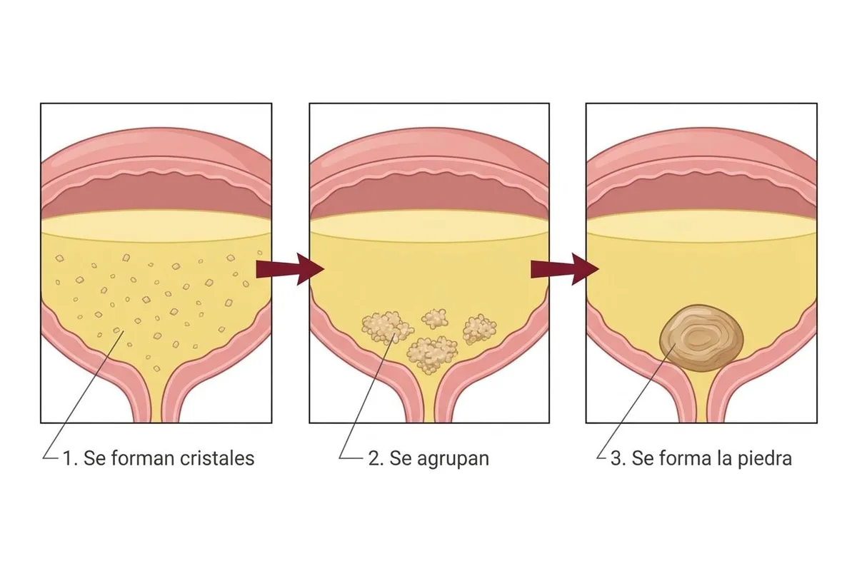 Tres dibujos del fondo de la vejiga con orina amarilla, unidos por flechas rojas: primero cristales sueltos, luego cristales agrupados y al final una piedra.