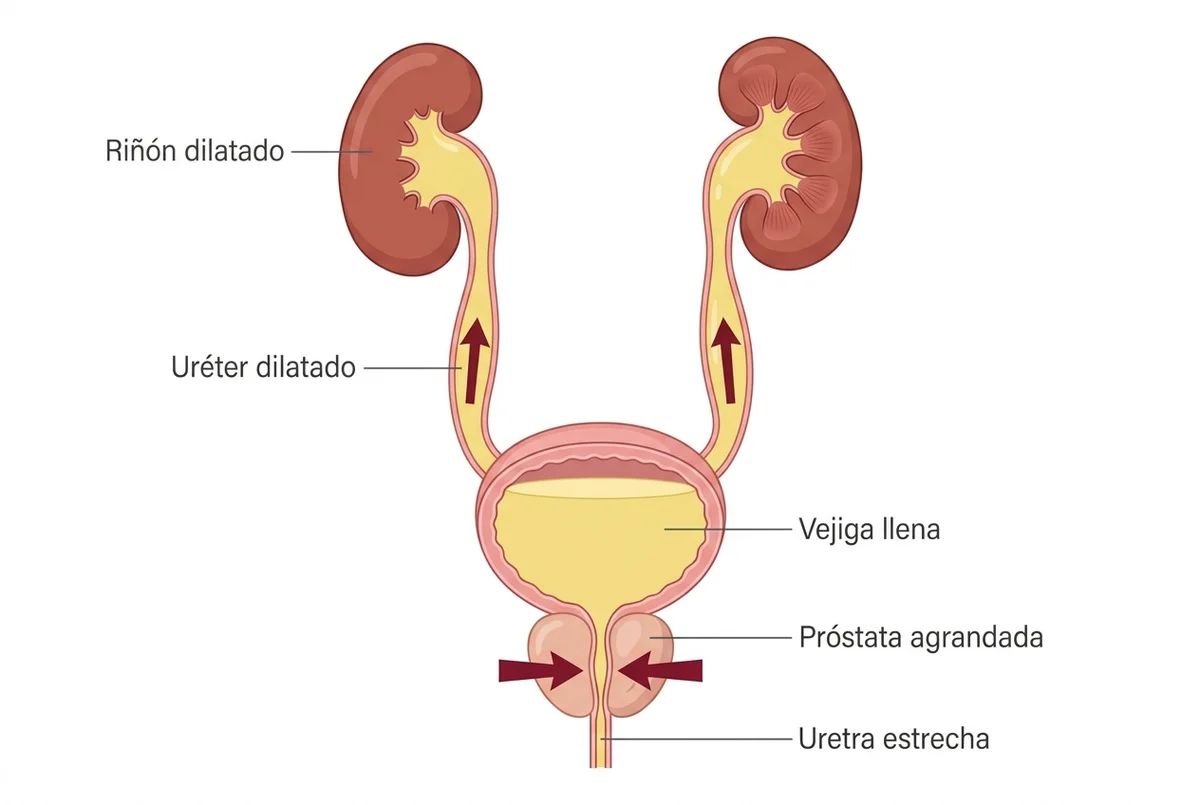 Esquema del aparato urinario visto de frente, con sus nombres: la próstata agrandada aprieta la uretra (flechas hacia adentro), la vejiga está llena de orina y unas flechas muestran cómo la orina sube por los dos uréteres dilatados hasta los riñones, que también se ven dilatados.