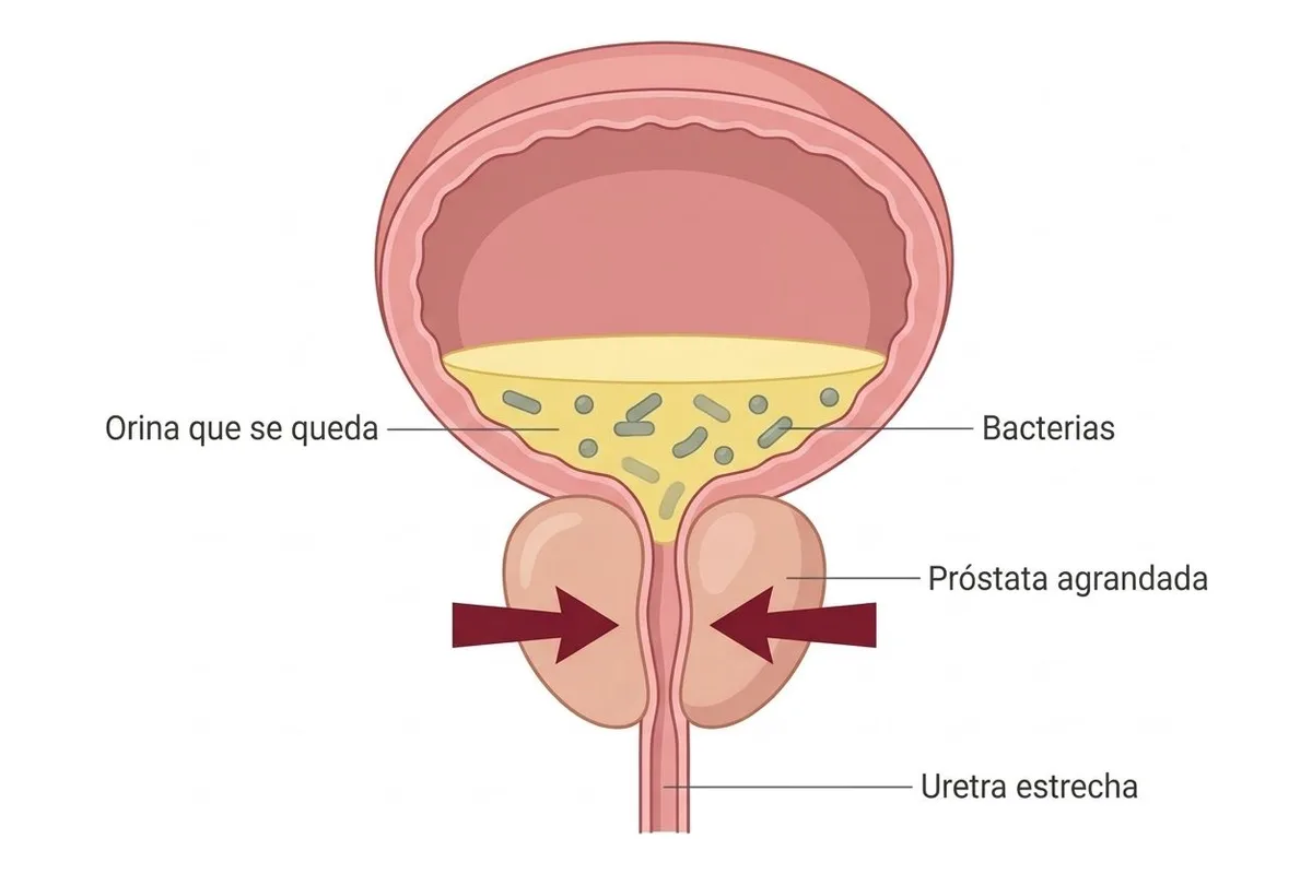 Dibujo de la vejiga después de orinar: en el fondo queda un charco de orina amarilla con bacterias, porque la próstata agrandada, apretada por flechas rojas, estrecha la uretra.