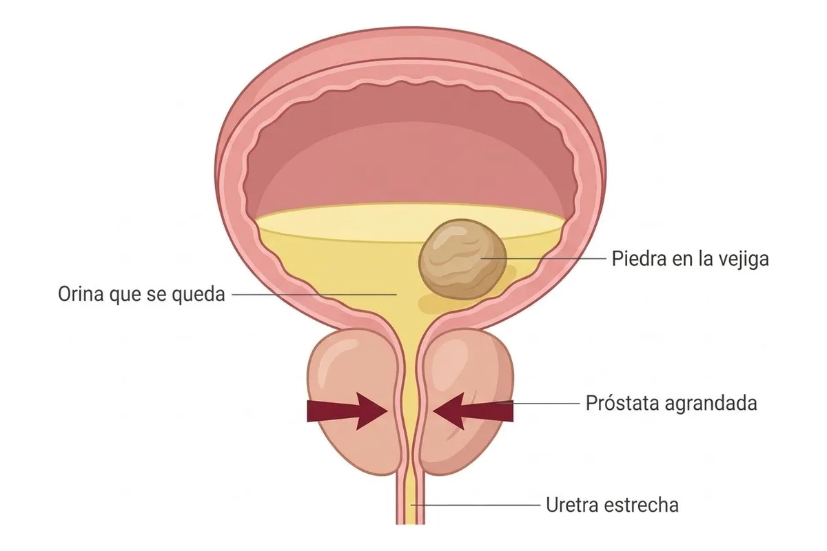 Dibujo de la vejiga después de orinar: en el fondo queda orina amarilla y, dentro de ella, una piedra redonda color café claro; la próstata agrandada, apretada por flechas rojas, estrecha la uretra.