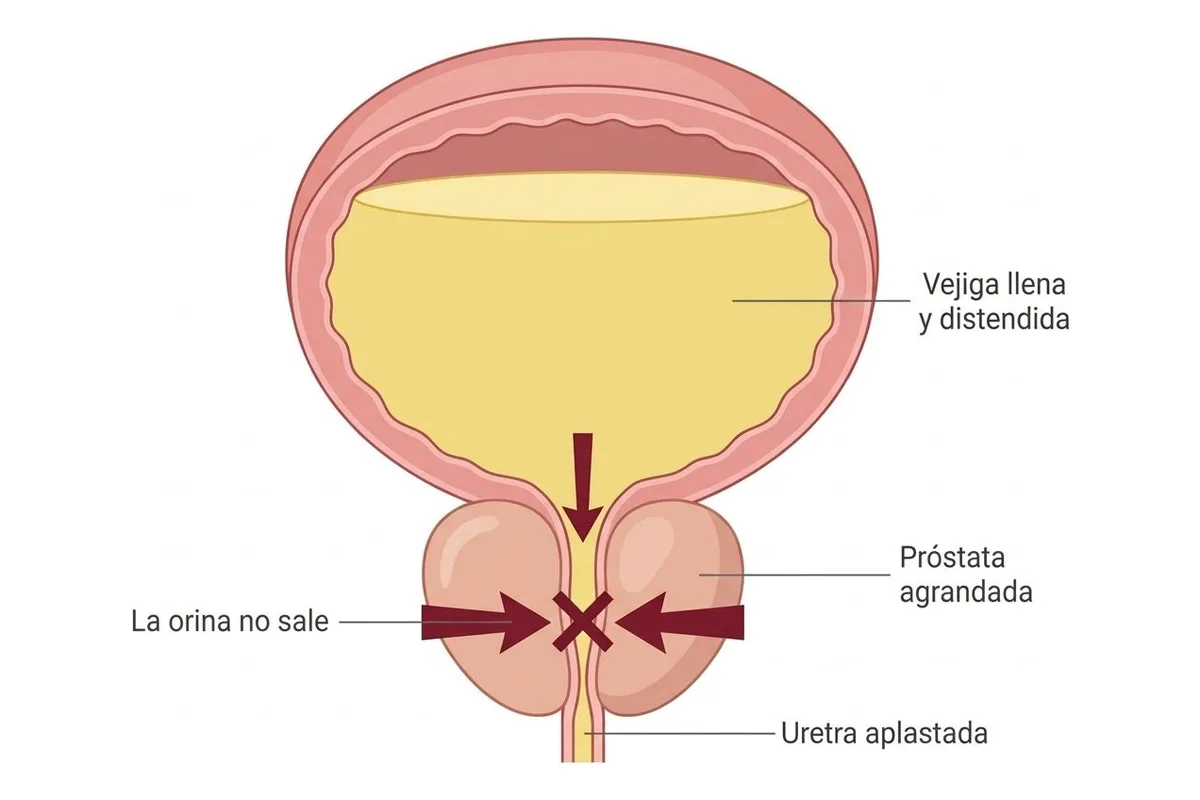Dibujo de la vejiga llena de orina amarilla y muy estirada; debajo, la próstata agrandada aprieta la uretra, con flechas rojas que la comprimen y una X que marca que la orina no sale.