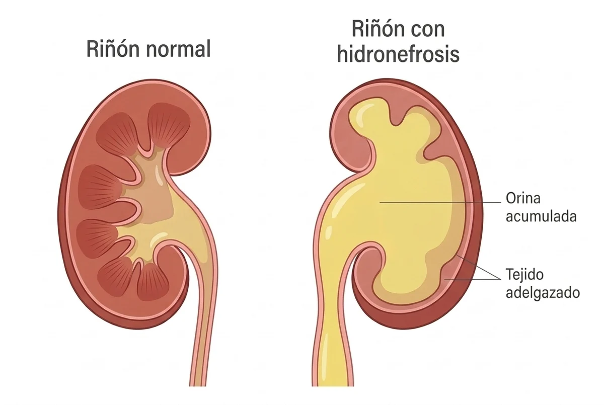 Dos riñones cortados a la mitad, uno al lado del otro: el riñón normal tiene el tejido grueso y un centro pequeño con poca orina; el riñón con hidronefrosis tiene el centro convertido en una gran bolsa llena de orina y el tejido alrededor muy delgado.