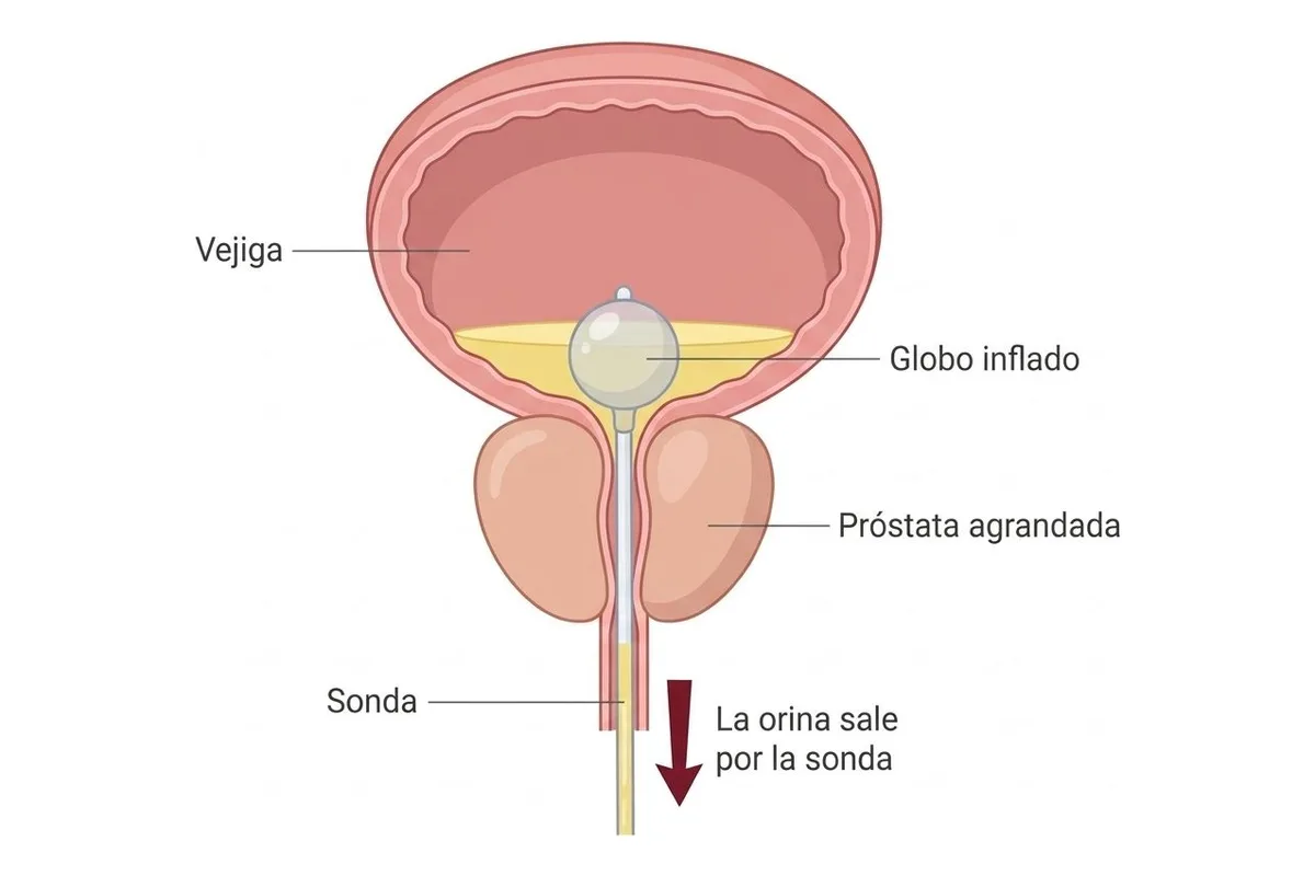 Dibujo de la vejiga casi vacía con una sonda que sube por la uretra y atraviesa la próstata agrandada; un globo inflado la sostiene dentro de la vejiga y una flecha roja muestra la orina amarilla saliendo por la sonda.